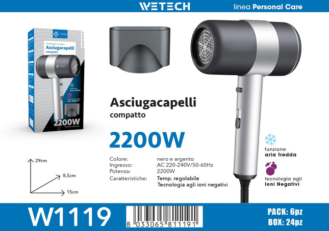 WETECH W1119 2200W Negative Ionic Hair Dryer 220-240V EU Plug Professional Compact Hair Blow Dryer With Concentrator Nozzle Cool Shot Function For Home Travel