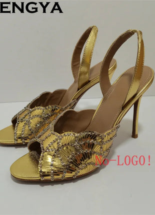 2026 Summer Trendy New Shiny Fish Mouth Toe Sexy Stiletto Sandals Woman Quality Sequined Thin High Heel Slippers for Women Shoes PlatiNum