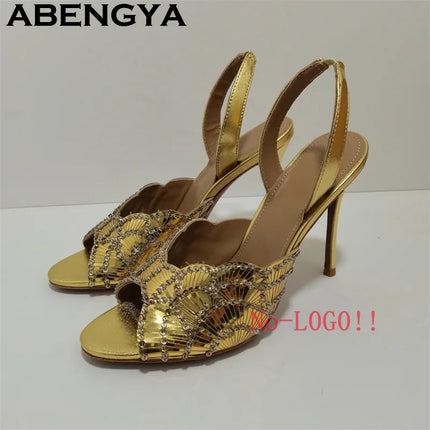 2026 Summer Trendy New Shiny Fish Mouth Toe Sexy Stiletto Sandals Woman Quality Sequined Thin High Heel Slippers for Women Shoes PlatiNum