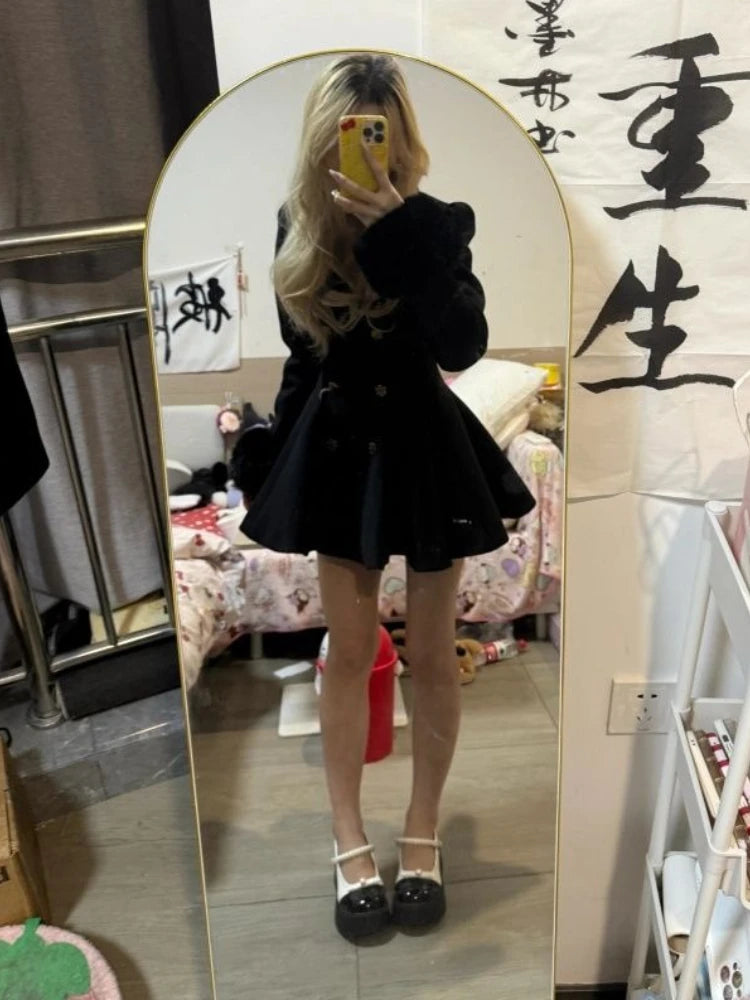 Winter Hepburn Black Fur Collar Woolen Coat French Style Vintage Blends Slim Mid-length Outwear Elegant Lolita Warm Outfits New
