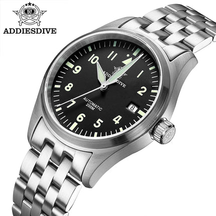 ADDIESDIVE Classic Men's watch Sapphire Automatic 8215 Stainless Steel Pilot watch Leather Luminous 200m Diving Dress Watch New