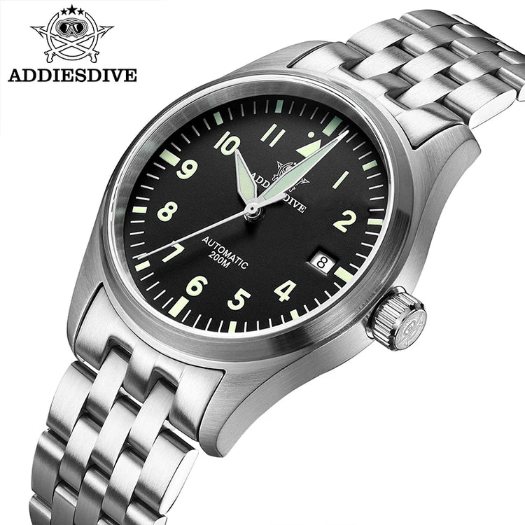 ADDIESDIVE Classic Men's watch Sapphire Automatic 8215 Stainless Steel Pilot watch Leather Luminous 200m Diving Dress Watch New