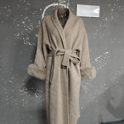 UCXQ Elegant Woolen Coat Temperament Office Lady Overcoats Fur Patchwork Long Sleeve Beautiful Women's Coats 2025 Winter New
