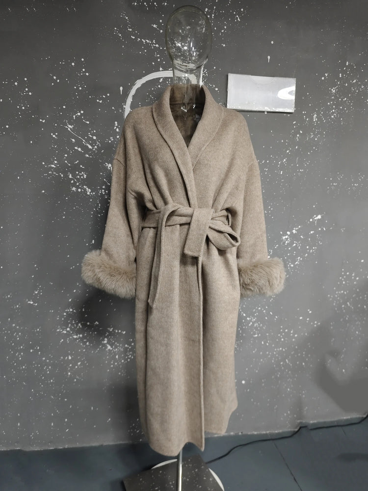 UCXQ Elegant Woolen Coat Temperament Office Lady Overcoats Fur Patchwork Long Sleeve Beautiful Women's Coats 2025 Winter New