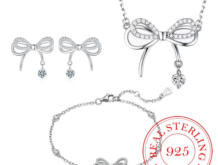3 pezzi 925 Sterling Silver Crystal Bownot collana bracciale orecchini Set di gioielli per le donne uomo matrimonio fidanzamento gioielli per feste platinumshop