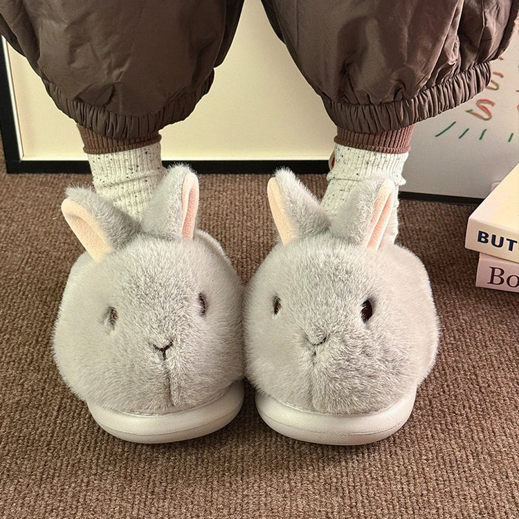 Novelty Cartoon Rabbit Slippers For Women Upright Ear Bunny Fluffy Plush Mules Woman Warm Full Back Home Slippers Winter Shoes