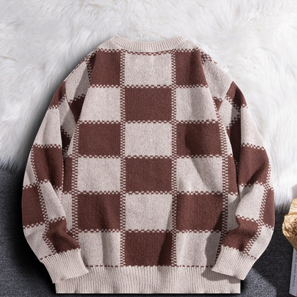 Retro Trendy Plaid Jacquard Pattern Pullover Sweater Casual Round Neck Color-Block Knit Men's Pullover