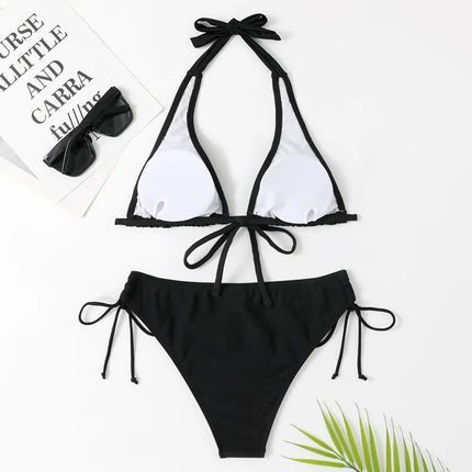 Costume da bagno bikini sexy con laccetti al collo a vita bassa nero/rosso/rosa, due pezzi, stile brasiliano, in saldo platinumshop
