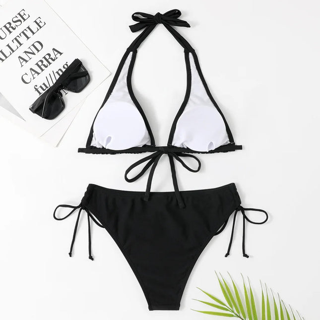 Costume da bagno bikini sexy con laccetti al collo a vita bassa nero/rosso/rosa, due pezzi, stile brasiliano, in saldo platinumshop