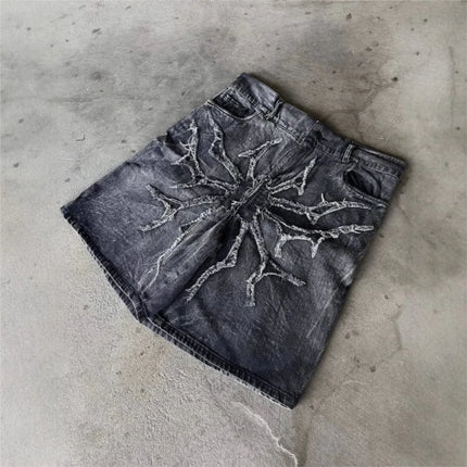 Pantaloncini Larghi Unisex Stile Gotico Retrò Y2K, Jeans Phantom con Ricamo a Ragno, Streetwear Hip Hop