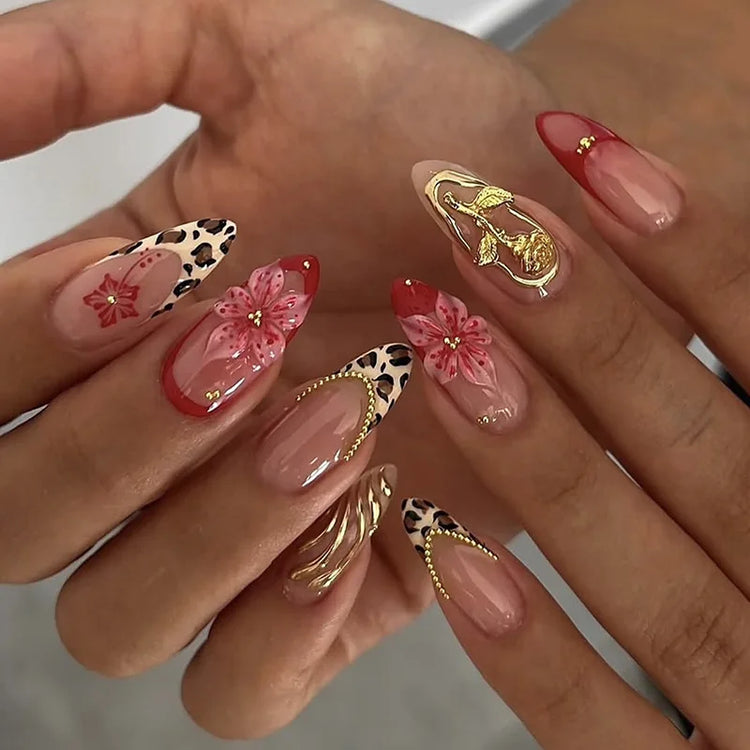 24pcs Pink Flower Almond Press on Nails Kawaii False Nails Wearable Stick-on Nails Fake Nail Uñas Postizas Накладные Ногти 네일팁2028