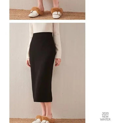 Korean Winter Cashmere Knitted Long Skirts For Women Fashion Mid-length High Waist A-line Skirts Female Wool Bottoms PlatiNum