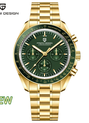 Nuovo orologio classico da uomo PAGANI DESIGN Orologio al quarzo di lusso verde dorato per uomo Cronografo sportivo con data automatica e cristallo AR in zaffiro Orologio da polso da uomo Spedizione locale