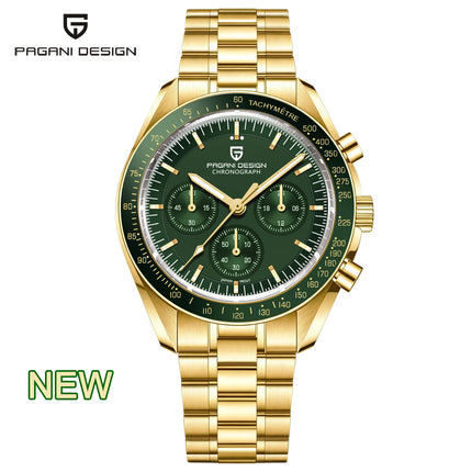 Nuovo orologio classico da uomo PAGANI DESIGN Orologio al quarzo di lusso verde dorato per uomo Cronografo sportivo con data automatica e cristallo AR in zaffiro Orologio da polso da uomo Spedizione locale