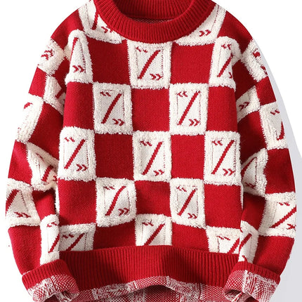 New Men's Fashion Round Neck Print Sweater Autumn Winter Contrast Color Printed Letter Long Sleeve Loose Casual Knitted Tops