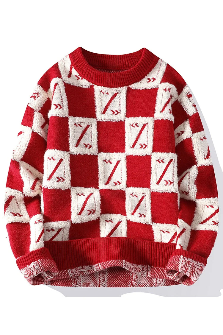 New Men's Fashion Round Neck Print Sweater Autumn Winter Contrast Color Printed Letter Long Sleeve Loose Casual Knitted Tops