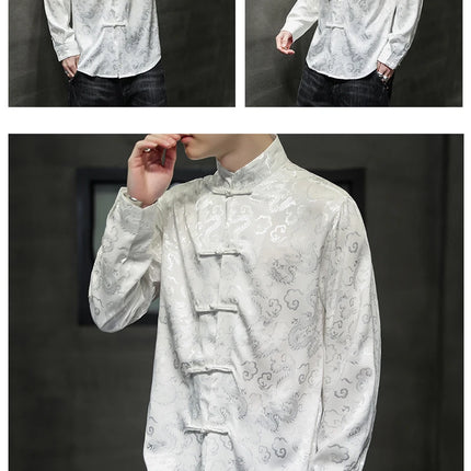 Giacca Tang di alta qualità da uomo camicetta con colletto alla coreana in argento elegante abbigliamento cinese rosso camicie Casual da uomo in raso di seta blu di grandi dimensioni