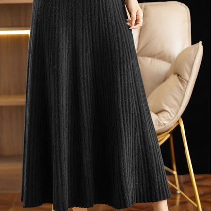 Elegant Women's Pleated Skirt 100% Merino Wool Skirt A-Line Long Skirt Soft Warm Autumn Winter Dress Slim Elastic Waist Office PlatiNum