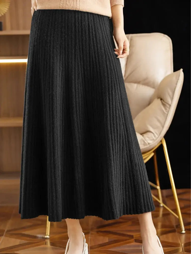 Elegant Women's Pleated Skirt 100% Merino Wool Skirt A-Line Long Skirt Soft Warm Autumn Winter Dress Slim Elastic Waist Office PlatiNum