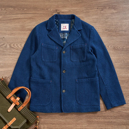 Men's Indigo Cargo Jacket Height Weight Cotton Lapel Multi-pocket Jacket Male French Vintage Thick Workwear Tooling Jacket Coat