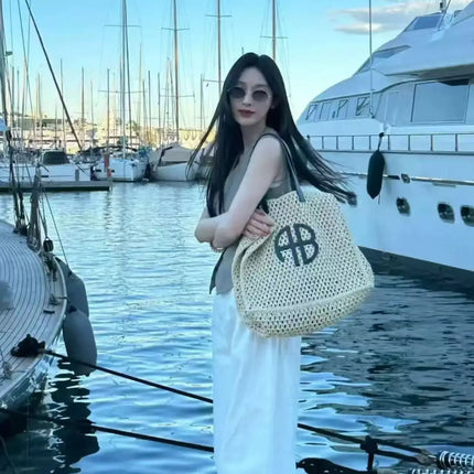 Large Capacity AB Letter Woven Straw Tote Bag, Beach Vacation Women's Striped RIO City Simple Style Casual Travel Bag