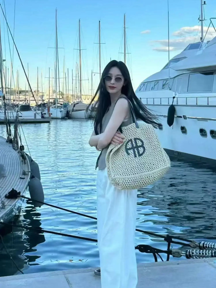 Borsa tote in paglia intrecciata con lettera AB di grande capacità, per vacanze al mare, da donna, a righe, RIO City, stile semplice, borsa da viaggio casual