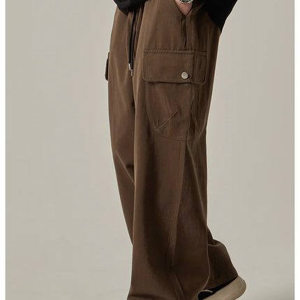 Men's Sweatpants 2025 Spring Autumn Vintage Japanese Wide Leg Straight Loose Button Big Pockets Cargo Pants Drawstring Trousers