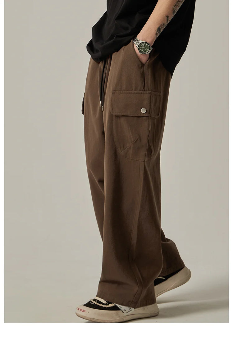 Men's Sweatpants 2025 Spring Autumn Vintage Japanese Wide Leg Straight Loose Button Big Pockets Cargo Pants Drawstring Trousers