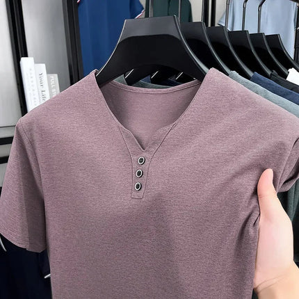 New Men's Casual and Fashionable Three Button V-neck Solid Color Short Sleeved T-shirt Summer Versatile Top PlatiNum