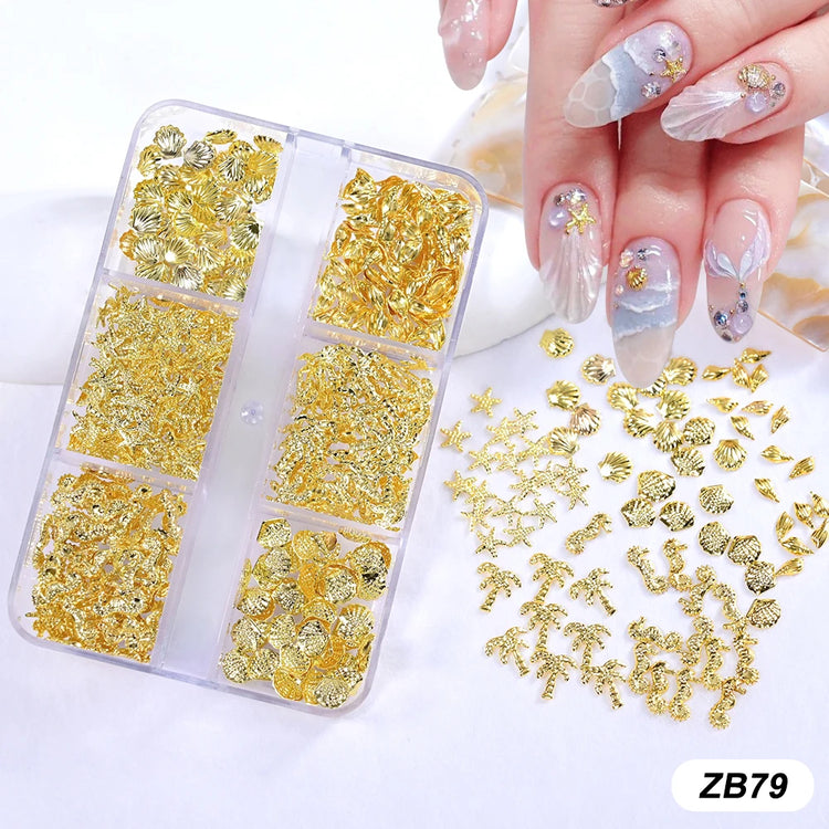 Ocean Starfish Shell Nail Charms Golden Silver Metal Nail Art Decoration 3D Nail Rivet Metallic Slice DIY Manicure Nail PartsY2K