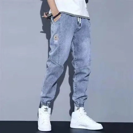 Loose Elastic Waist Denim Jeans for Men 2024 Fashion Casual Spring Workwear Foot-Tied Pants with Brand Workwear Baggy Trousers PlatiNum