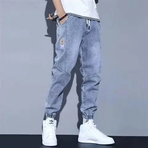 Loose Elastic Waist Denim Jeans for Men 2024 Fashion Casual Spring Workwear Foot-Tied Pants with Brand Workwear Baggy Trousers PlatiNum