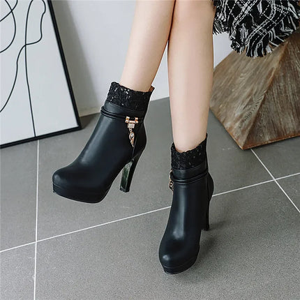 2023 Fashion High Heels Woman Booties Lace Design Princess Platform Party Wedding Womens Shoes White Black Ankle Boots Winter