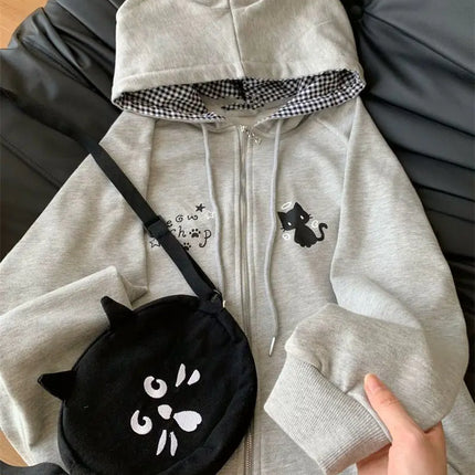 Zipper Hoodie Gothic Cartoon Kawaii Cat Ear Y2k Jacket Zip Up Thin Coat Spring Autumn Cute Core 2000s Clothes Fall Sweatshirts
