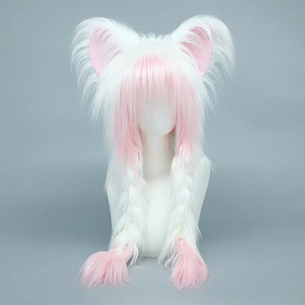 Long Plush Cat Ear Hat Fox Ear Double Braid Caps Cute Lolita Anime Fall Winter Cap Y2K Anime Cosplay Accessories