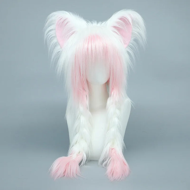 Long Plush Cat Ear Hat Fox Ear Double Braid Caps Cute Lolita Anime Fall Winter Cap Y2K Anime Cosplay Accessories