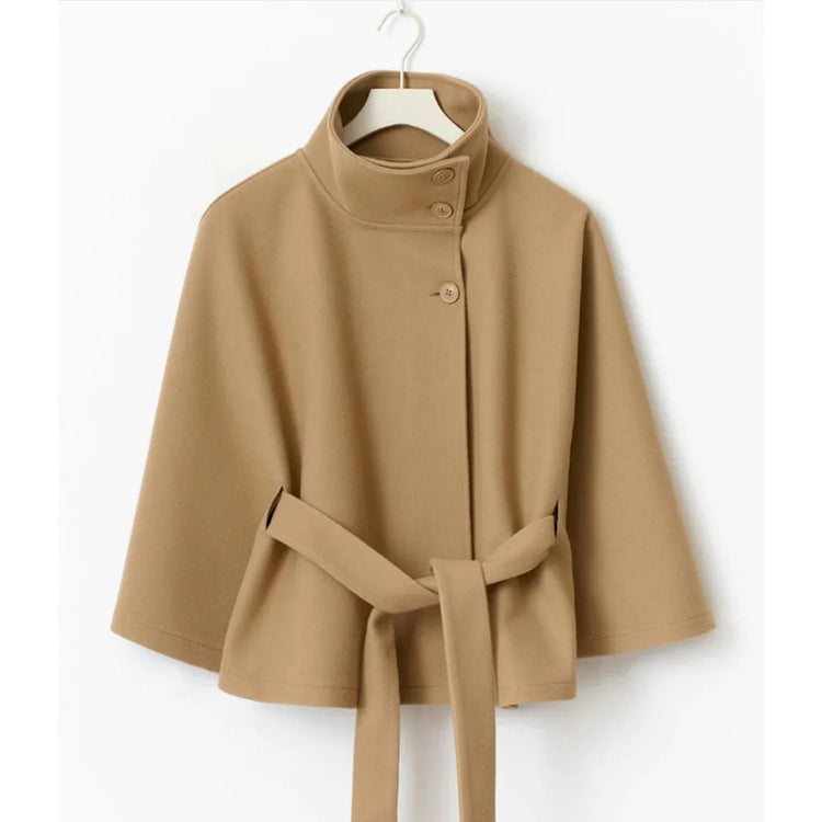 Women Lace Up High Neck Jackets For Women With Belt Elegant Windbreaker Faux Wool Blends Cape Street  Solid Windbreaker Cloak