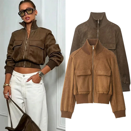 Ladies Short Vintage Faux Suede Autumn Winter Jacket Women Coat Stand-Collar Zip-up Field Trendy Streetwear Chic Jacket Female