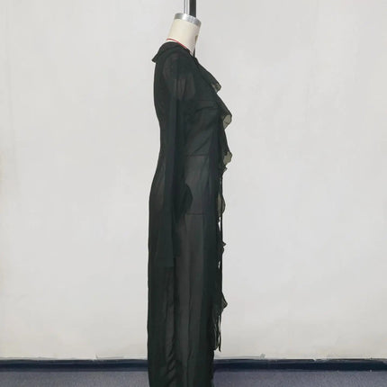 Abbigliamento da spiaggia con protezione solare a maniche lunghe Abbigliamento da donna Sexy scollo a V increspato Nero Bianco Nuova tunica in chiffon Copricostume da spiaggia platinumshop