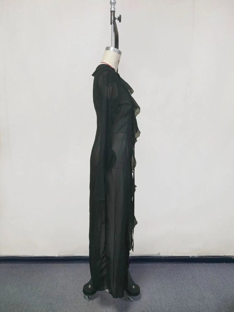 Abbigliamento da spiaggia con protezione solare a maniche lunghe Abbigliamento da donna Sexy scollo a V increspato Nero Bianco Nuova tunica in chiffon Copricostume da spiaggia platinumshop