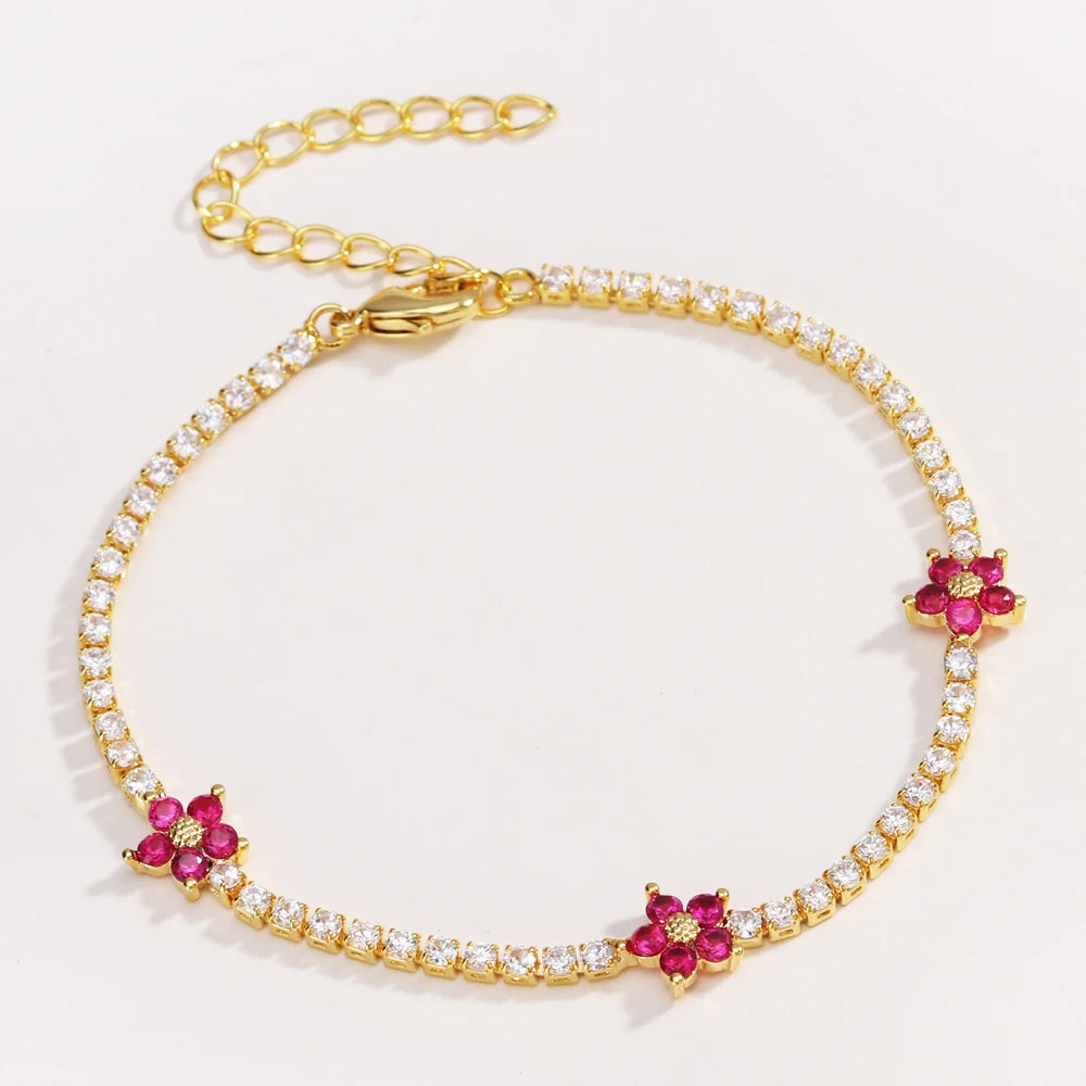 Fiori colorati con zirconi cubici Baguette Catena da tennis Collana girocollo da donna Gioielli hip-hop in ottone per donna Dorato