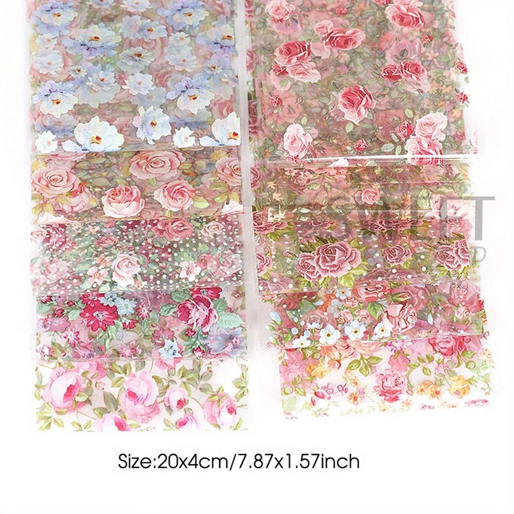 10PCS Mixed Nail Art Foils Transfer Sticker Set Rose Flower Designs Floral Starry Sky Nail Wraps Wedding Summer Manicure Decor