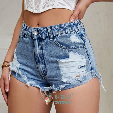 Women's High Rise Light Wash Destroyed Denim Shorts Casual Jeans Summer Fashion Must-Havefor Teen Girls Ripped Hem Jean Hotpants PlatiNum