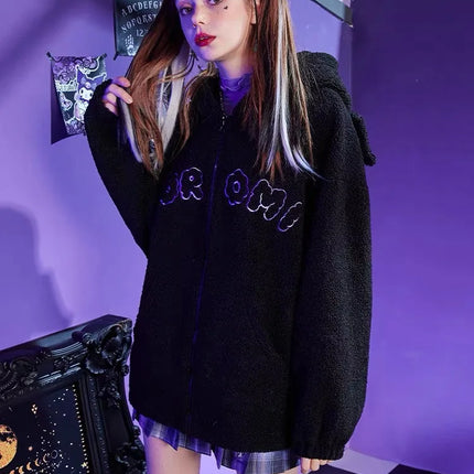 Sanrio Anime Kuromi Clothes Women Black Embroidery Hoodies Y2k Tops Autumn Winter Thin Coat Female Fashion Loose Sweatshirt
