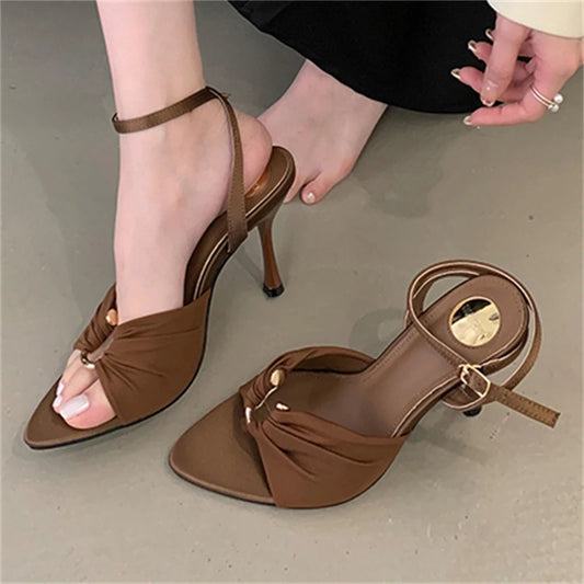 Aneikeh Summer Pointed Toe Thin High Heels Fashion Pleated Metal Buckle Strap Women Sandals Banquet Party Female Mules Shoes