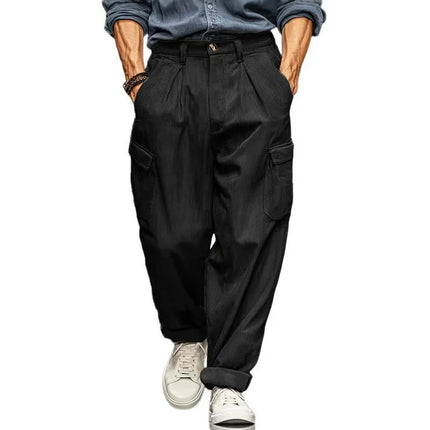 Men's Wide Leg Cargo Pants, Pleated Trousers, Multi‑Pocket Solid Brown Loose Fit Work Pants For Men Work Or Casual Daily Wear