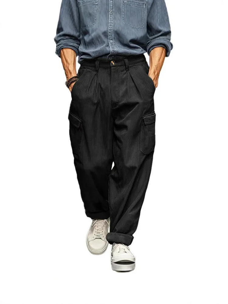 Men's Wide Leg Cargo Pants, Pleated Trousers, Multi‑Pocket Solid Brown Loose Fit Work Pants For Men Work Or Casual Daily Wear