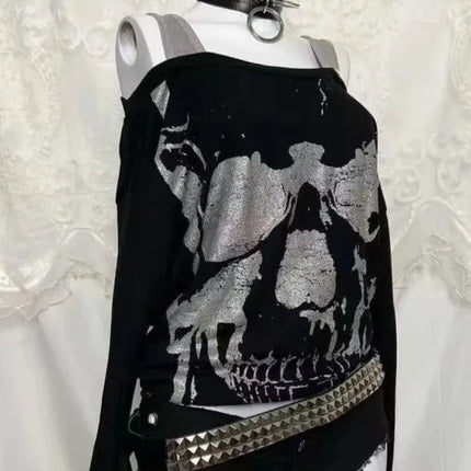Japanese Gothic Vintage Punk Women Hoodie Striped Patchwork Cat Print Hollow Out Slim Long Sleeve Soft Pullovers 2025 Autumn New