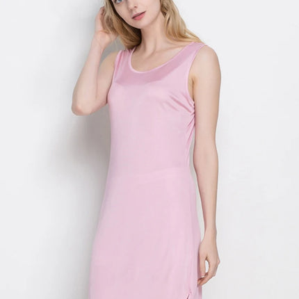 Abito da notte da donna in seta naturale lavorata a maglia, abito sottoveste basic solido, slip COMPLETO antisvuotamento, nuova biancheria intima senza maniche