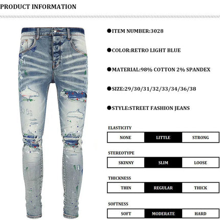 Street Fashion Men Jeans Retro Light Blue Stretch Skinny Fit Patched Ripped Jeans Men Painted Designer Brand Hip Hop Denim Pants PlatiNum